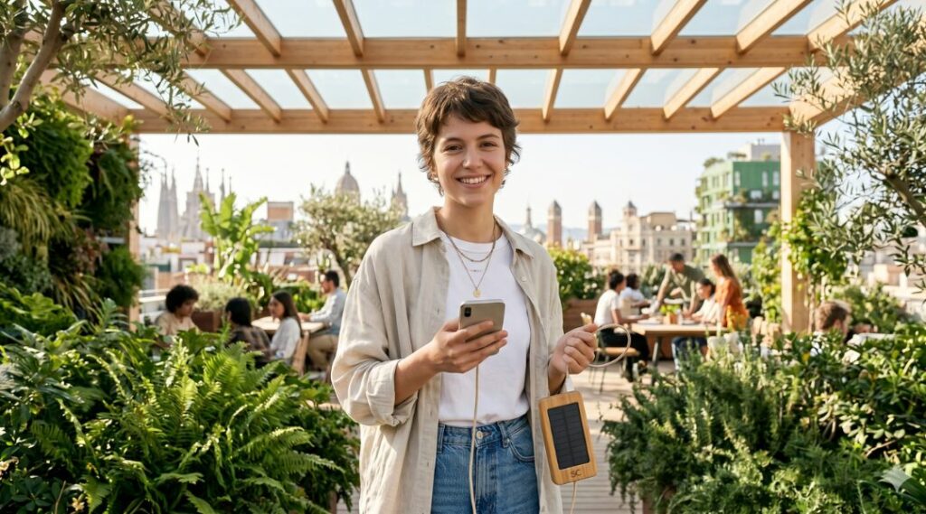 Rapariga num rooftop com powerbank de carregamento solar