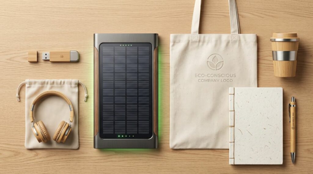 merchandising ecológico: sacos de algodão, fones de bambu, powerbank com carregamento solar, cadernos de palha de trigo, canetas e copos takeaway