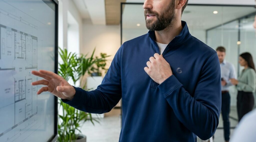 Homem em formação com camisola técnica personalizada