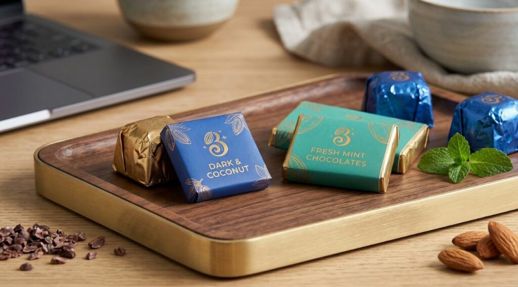 Chocolates e bombons com invólucro personalizado