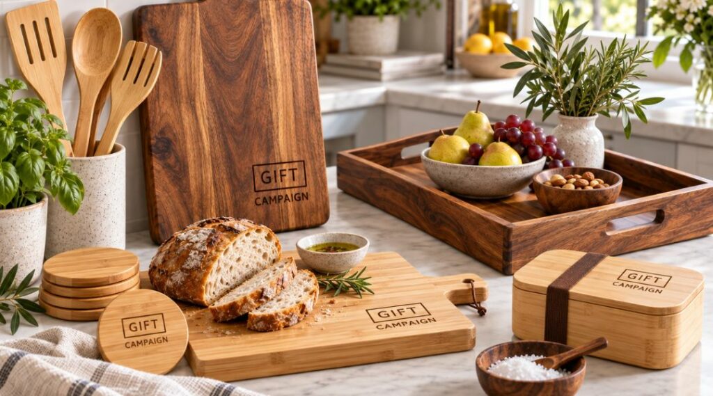brindes corporativos de madeira de acácia e bambu com logótipo da Gift Campaign
