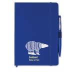 Caderno promocional com caneta folhas A5 pautadas Hemming cor azul vista principal terceira vista