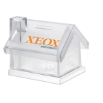 Mealheiro personalizado em forma de casa fabricado em plástico Micasa cor transparente vista principal
