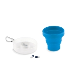 Porta-chaves com copo dobrável, porta-comprimidos e mosquetão MediCup cor azul