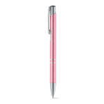 Caneta de alumínio com mecanismo de botão, tinta azul cor cor-de-rosa