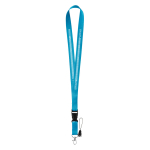 Lanyard de 2 cm de poliéster com minilanyard e fecho Doubleclip Plus cor ciano imagem com logo 2