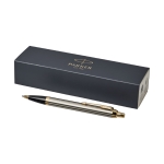 Canetas metálicas personalizadas com estojo tinta azul Parker IM Gold cor prateado segunda vista frontal