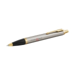 Canetas metálicas personalizadas com estojo tinta azul Parker IM Gold cor prateado vista impressão tampografia