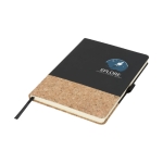 Elegante caderno capa de cortiça, folhas A5 pautadas JournalBooks Cork cor preto vista impressão tampografia