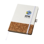 Elegante caderno capa de cortiça, folhas A5 pautadas JournalBooks Cork cor branco vista impressão tampografia