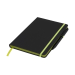 Caderno com caneta e detalhes coloridos, folhas A5 pautadas BlackBook cor verde-lima segunda vista frontal