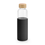 Garrafa de vidro tampa de bambu e capa de silicone 600ml cor preto