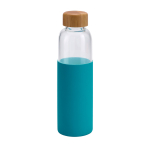 Garrafa de vidro tampa de bambu e capa de silicone 600ml cor azul-claro