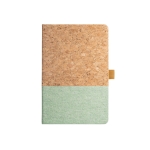 Caderno com capa de cortiça e logo, folhas A5 pautadas Greener Colors cor verde-claro primeira vista