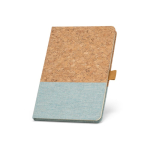 Caderno com capa de cortiça e logo, folhas A5 pautadas Greener Colors cor azul-claro