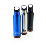 Garrafas reutilizáveis de aço com base de cortiça 600ml Cork Base cor azul vista vários com logo