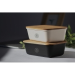 Lancheira corporativa com tampa de bambu com logotipo 1L Mix Bamboo cor preto vista conjunto