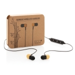 Auscultadores promocionais de bambu com pontas magnéticas Bamboo cor preto vista com caixa