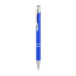 Caneta de alumínio com mecanismo de pressão e tinta azul cor azul