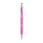 Caneta de alumínio com mecanismo de pressão e tinta azul cor cor-de-rosa