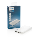 Power bank publicitário longa duração com USB dual 10.000 mAh Philips cor branco vista com caixa