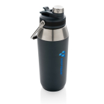 Garrafa térmica grande com tampa com palhinha para excursão 1L Slender cor azul-marinho vista com logo