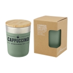 Copo térmico de aço com tampa de bambu orgânico 330ml Organic Cover cor verde menta vista com logo