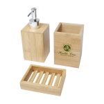 Kit de três acessórios de bambu para banho com logótipo Bamboo cor natural vista impressão tampografia