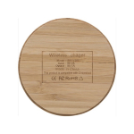 Carregador sem fios circular de bambu com pequeno led azul cor madeira primeira vista
