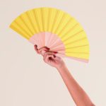 Leques personalizados baratos de madeira e poliéster Woodster cor amarelo segunda vista
