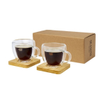 Conjunto 2 chávenas de café pequenas com base de bambu 100ml Espresso cor transparente vista impressão tampografia