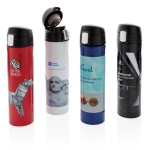 Termo de aço inoxidável com tampa de fecho seguro 450ml Exclusivo cor azul vista vários com logo