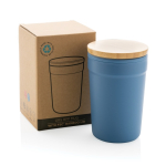 Copos térmicos de plástico reciclado com tampa de bambu 300ml EcoBrew cor azul vista com caixa
