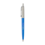 Caneta reciclada elegante, recarga tinta azul Parker Jotter vista lateral com logo