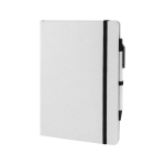 Caderno feito de pacotes de leite reciclados com caneta, folhas A5 lisas cor branco primeira vista