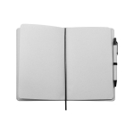 Caderno feito de pacotes de leite reciclados com caneta, folhas A5 lisas cor branco terceira vista