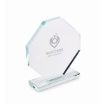 Troféu de cristal em forma de octógono com base retangular combinando cor transparente vista principal