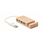 Hub USB de bambu com 4 portas e cabo de 20cm cor madeira