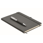 Caderno de pele reciclada com capa dura e caneta de tinta azul cor preto
