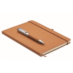 Caderno de pele reciclada com capa dura e caneta de tinta azul cor bege