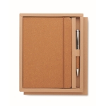 Caderno de pele reciclada com capa dura e caneta de tinta azul cor bege segunda vista