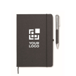 Caderno de pele reciclada com capa dura e caneta de tinta azul vista principal