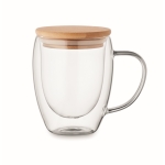 Copo de vidro de borossilicato, parede dupla com tampa de bambu 250ml cor transparente