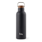 Garrafa de aço inoxidável reciclado com tampa de madeira e alça 800ml cor preto vista com logo