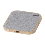 Carregador sem fio quadrado de bambu com detalhes em RPET cor cinzento primeira vista