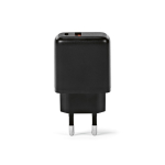 Carregador de parede em plástico reciclado com portas USB-A e USB-C 20W cor preto vista frontal 