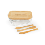 Marmita de vidro e bambu com talheres e banda elástica 800ml cor transparente