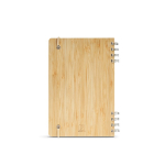 Caderno A5 em bambu com espiral e elástico de fecho, folhas pontilhadas cor natural vista traseira 
