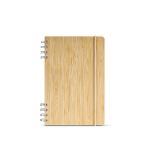 Caderno A5 em bambu com espiral e elástico de fecho, folhas pontilhadas cor natural vista frontal 