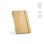 Caderno A5 em bambu com espiral e elástico de fecho, folhas pontilhadas cor natural